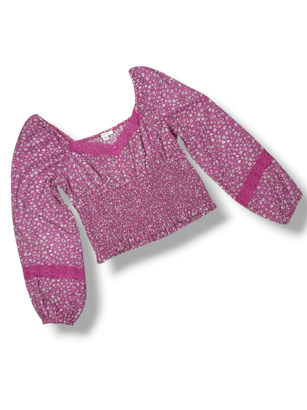 American Eagle Floral Smocked Puff Sleeve Crop Top Pink Medium Cottagecore - Picture 12 of 12